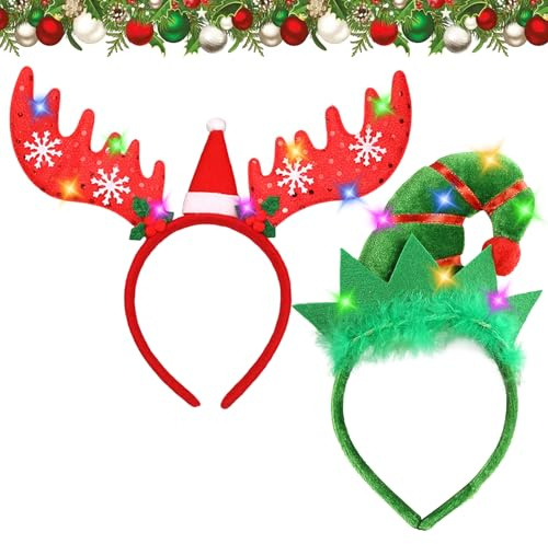 Seasboes 2 Stück Weihnachten Haarreif, Weihnachts Kopfschmuck, Weihnachtsstirnband, Weihnachten Haarreif für Erwachsene, Weihnachtsstirnband Rot Grün für Weihnachtsbedarf und Urlaubspartys