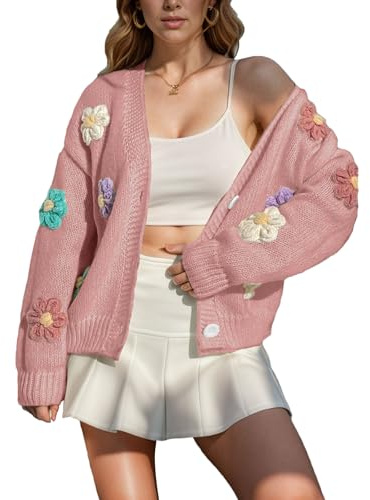 ANUFER Dam härlig blomma virkad tröja V-ringad button down långärmad stickad cardigan toppar, Rosa, XL