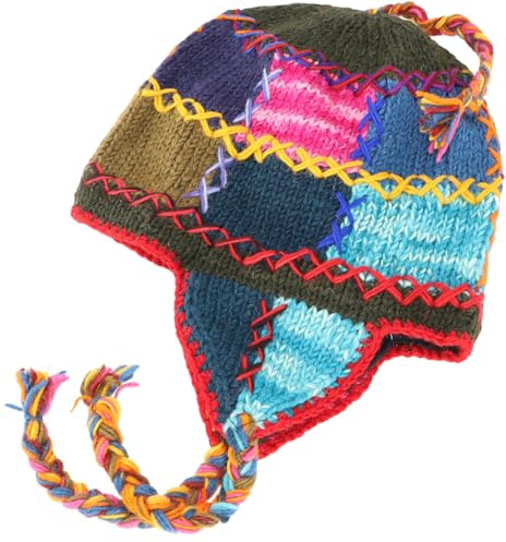 GURU SHOP Wollmütze mit Ohrenklappen, Norwegermütze, warm | Fleecefutter, ideal für kalte Tage, Unisex, aus Nepal, geflochtene Zöpfe