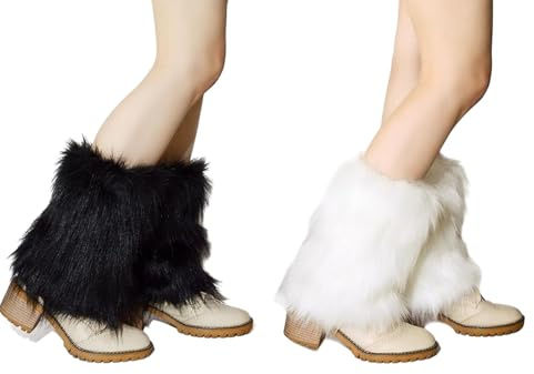 Asheyya Furry Leg Warmers for Women, Fuzzy Leg Warmers (Black White)