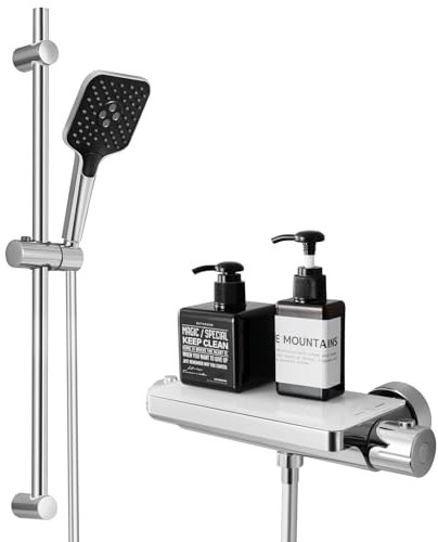 Lonheo Columna Ducha Termostatica, Grifo Ducha con Estante, Barra Ducha 70cm, Alcachofa de Ducha con 3 Modos, Manguera de ducha de PVC 150cm, Conjunto Ducha para Bañera, Cromado