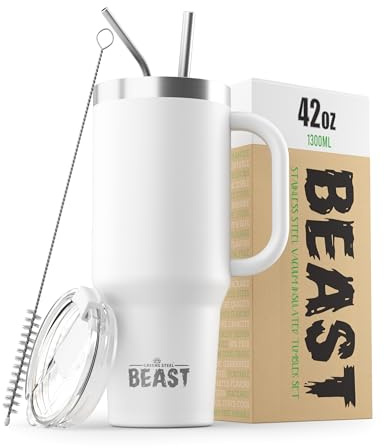 Beast Tumbler with Handle - 1300 ml (42 oz), Arctic White | Reusable Stainless Steel, Vacuum Insulated Cup | with + 2 Straws & Cleaning Brush | Double Wall Travel Flask Perfect for Hot or Iced Coffee