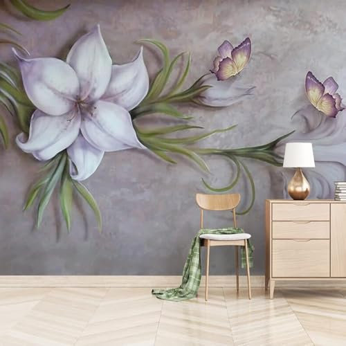 Tzxztt Simple Purple Flower Butterfly Modern 3D Wallpaper Embossed Silk Neutral Tones Material Ideal for Living Room Bedroom-200cm×140cm