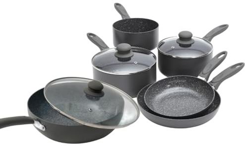 Durastone Grey Non-Stick Cookware Set - Induction & All Hob Compatible with Glass Lids (6 Piece Pan Set Including Wok, x3 Saucepans and x2 Frying Pans)