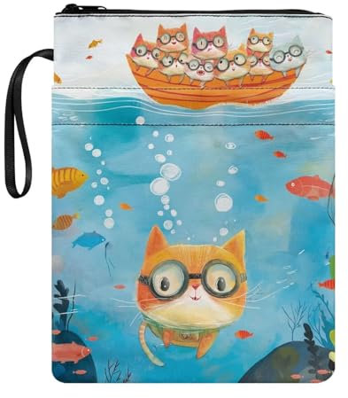 Wanyint Buchhülle, Buchhülle, leicht, mit Reißverschluss, waschbarer Stoff, Buchtasche, 29,5 x 22,6 cm, für Buchliebhaber, Tauchen, Katze, Boot, Fische