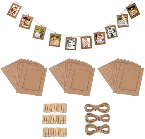 30 Pz Cornice di Carta per Foto DIY 6 pollici, Cornice Portafoto in Carta Kraft cartoncino 15,5 x 11,5 cm, cornici portafoto in cartone,con Clip di Legno e Corda di Canapa, per Decorazione(Marrone)