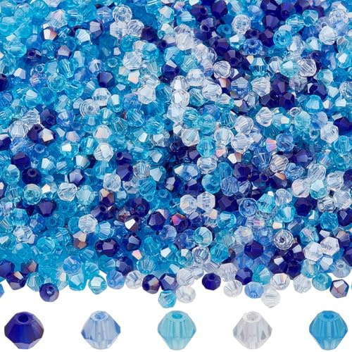 SOFPLATE 1 Box 2000Pcs 5 Colors Blue Faceted Glass Beads Glass Bicone Beads Bulk 4mm AB Color Mixed Sapphire Holiday Wholesale Crystal Bicone Beads for Jewelry Making Bracelets Necklaces Suncatchers