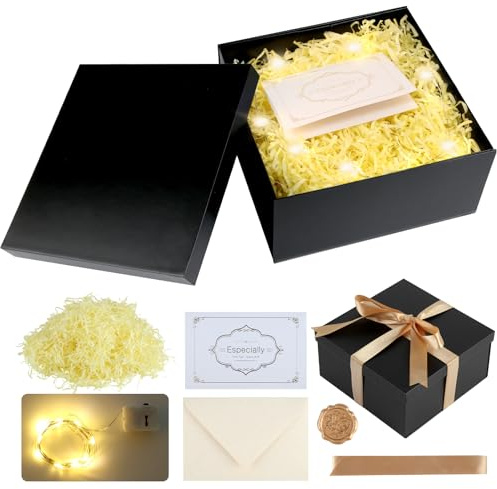 Geschenkbox mit Deckel Set, 20 * 20 * 10cm Geschenke Box, Faltbare Geschenkkarton mit Band+Grußkarte+Umschlag+Umschlagstempel+Raffia Füllmaterial+LED-Licht für Geburtstag, Hochzeit (Schwarz)