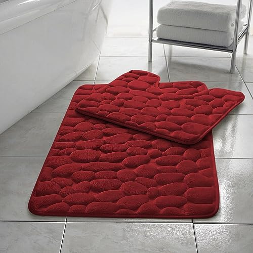 EXQUIZIT HOME® Lot de 2 tapis de bain de luxe en mousse à mémoire de forme - Tapis de bain et tapis WC antidérapants à séchage rapide - Ultra absorbants et rembourrés - 100 % polyester - Rouge