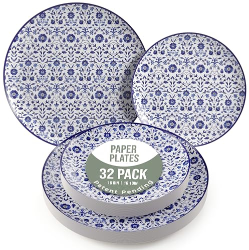 Trendables Heavy Duty Paper Plates Set for 16 Guests - 16 Each of 8-inch and 10-inch Plates for Party - Fancy 32 Piece Dinnerware Set for All Occasions | Floral Design, Florentine