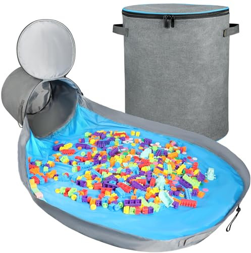 Landici Toy Storage Box Organiser and Play Mat- 2-in-1 Toy Storage Chest Bin for Kids, Collapsible Toy Basket Box for Boys & Girls, Large Building Blocks Storage Holder for Playroom (Gray)