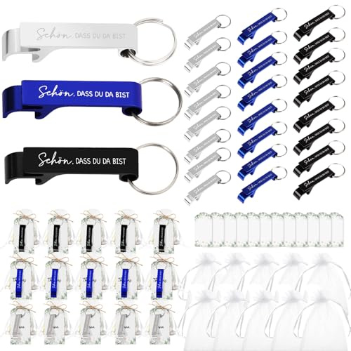 24pcs Flaschenöffner Schlüsselanhänger Schön dass du da bist Gastgeschenke Bierflaschenöffner mit 24 Blanko Karte & 24 Organzabeutel Getränke Bier Öffner Hochzeit Taufe Weihnachten Dankeschön Geschenk