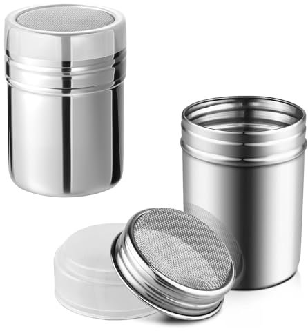 Kezidhp Juego de 2 Espolvoreadores de Cocina con Tapa y Malla de Acero Inoxidable, Tamizador para Azúcar Glas, Cacao, Canela, Sal – Ideal para Repostería, Decoración de Postres y Especias