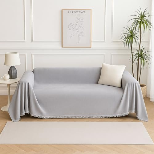 Jinfanshurich Rivestimento per divano in 100% ciniglia, 180-300 cm, copridivano per divano, morbido e traspirante, versatile coperta per divano, letto o decorazione (grigio chiaro, 180 x 300 cm)