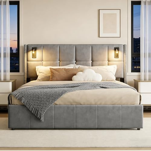 BRILVERDE Polsterbett 160x200 mit Stauraum unter dem Bett, Doppelbett mit Leseleuchte, Jugendbett mit kopfteil, Bettgestell mit Lattenrost, Bettrahmen, Samt (Grau, 160 x 200 cm)
