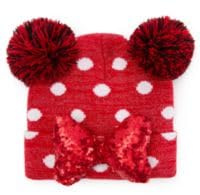 Disney Store Official Minnie Mouse Red Beanie for Kids – Polka Dot Winter Hat with Sequin Bow & Pom-Poms