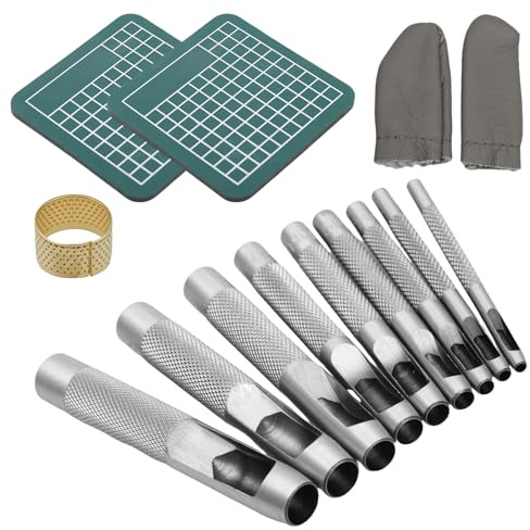 14er Locheisen Set 2.5/3/4/5/6/7/8/9/10mm Runde Lochstanzer mit Schneidebrett, Stanzwerkzeug Set Leder Puncher für Leder Uhrenarmbänder Gürtel Leinwand Öse Papier