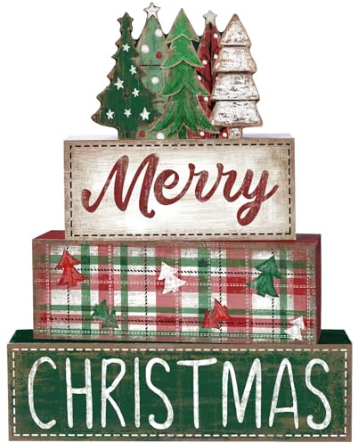DIYDEC Weihnachtstischdekoration, grüner Weihnachtsbaum, Holzblockschild, Weihnachten, abgestuftes Tablett, Dekoration, Tafelaufsatz, dekorativer Kunstbuchstapel für Urlaub, Tisch, Kaffee, Kamin