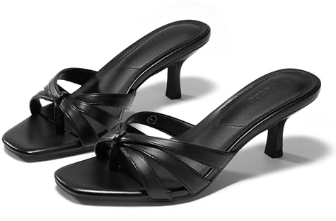 Coutgo Womens Strappy Kitten Heels Sandals Square Open Toe Flip Flops Slip On Slides Summer Dress Shoes, Black, size 7