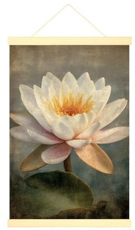 Póster colgante en lienzo de lirio de agua, arte de pared, pétalos vintage naturales, hojas blancas, póster colgante con marcos, dormitorio, sala de estar, oficina, decoración de 16 x 24 pulgadas
