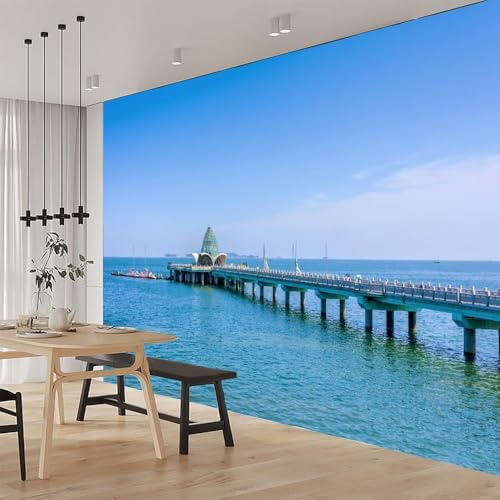 Carta da Parati Mare Blu 200x140 cm Fotomurale da Parete Ponte Tessuto di Seta Carta Parati 3D Adesiva Muro Decorazione per Camera da Letto Soggiorno B-0696