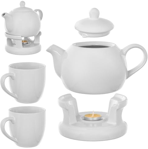 KADAX Teiera da 1 l con fornello e 2 tazze, caffettiera in porcellana con coperchio, manico e fornello da tè, teiera con scaldabagno per tè, servizio da tè (bianco)