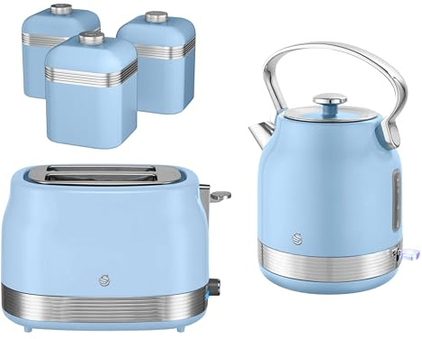 Swan Retro Revive Blue Kitchen Set – Traditional Stovetop Design Electric Kettle, 2 Slice Toaster & Retro Tea, Coffee and Sugar Canisters, Vintage Blue with Chrome Accents