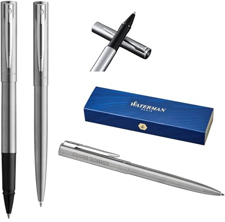 Waterman Allure Schreibset mit Gravur – Kugelschreiber & Tintenroller Set personalisiert – Luxus Schreibgeräte Set in Schwarz – Elegantes Geschenk für Damen & Herren (Stainless Steel)