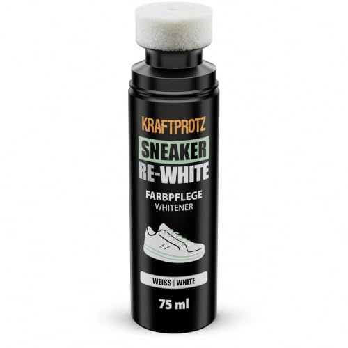 Sneaker Re-White 75 ml - Schuhreiniger Schuhpflege Whitener Schuhfarbe Weiß | Schuhputzmittel, Schwamm-Applikator, Auffrischung, Weiß-Effekt, Farbpflege, deckt Verfärbungen Vergilbungen, Schuhcreme weiß