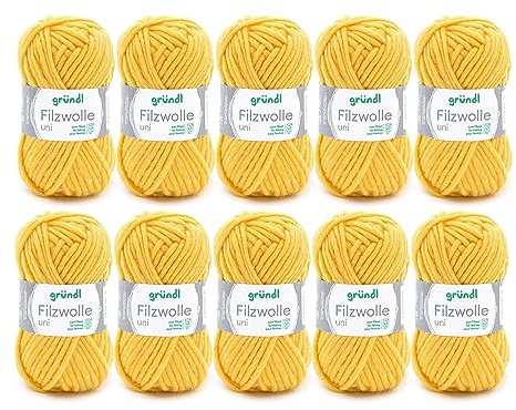 Gründl filtull uni (ull för filning, stickning och virkning, garn tillverkat av 100% ny ull, 50 g/50 m, nåltjocklek: 8 – 9, 10 x 50 g), citron, 31 x 32 x 7,5 cm