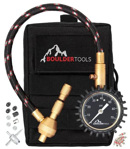 Boulder Tools Reifendruckprüfer & Molle Tasche - Präzisionsablassknopf Offroad Kit - Leuchtet im Dunkeln - Ventilkappen, Kerne, Reparaturwerkzeug | Schnelles Entleeren von 4x4