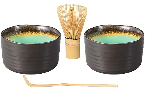 Matcha-Set 4-teilig, bestehend aus 2 Matchaschalen anthrazit/türkis mit Craquelé-Muster, Matchalöffel und Matchabesen. Original Aricola®