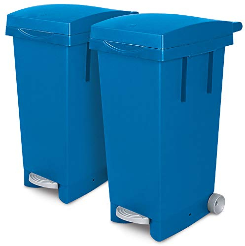 BRB Set, 2X 80 Liter Abfallbehälter mit Rollen, Fußpedal, selbstschließender Deckel, Klemmring für Müllsäcke (blau)