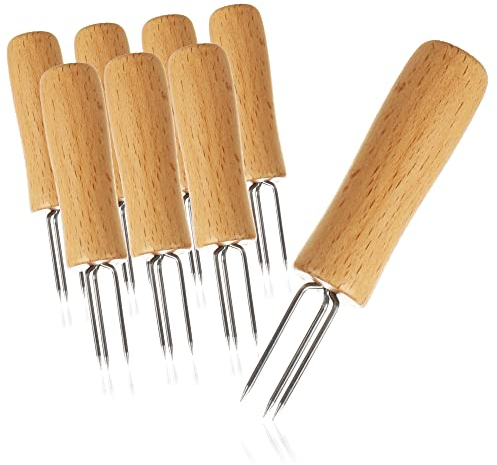 com-four® 8x Mais-Gabel mit 3 Edelstahl-Zinken, rostfrei - wiederverwendbare Maisspieße - Schälhilfe für Pellkartoffeln (08 Stück - Holz)