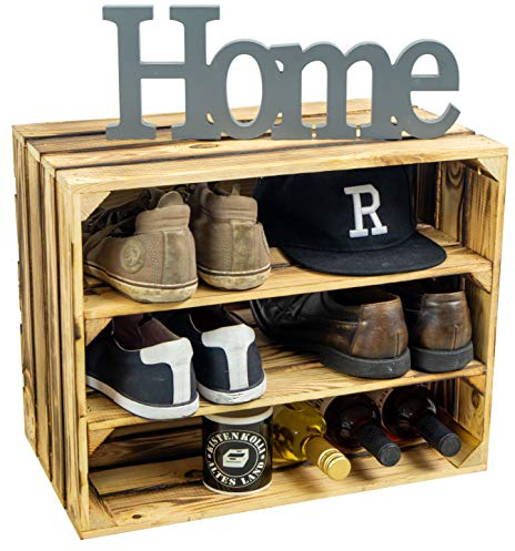 Kistenkolli Altes Land Zapatero, estantería para 6 pares de zapatos, estante para vinos, de madera robusta en aspecto de caja de fruta (flameado doble longitudinal)