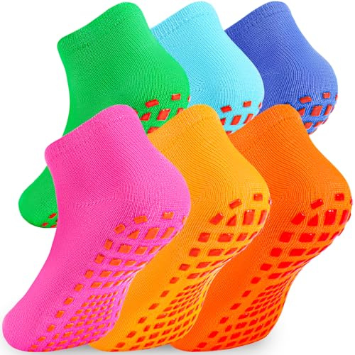 WANZHIHUI Grip Socks for Kids 6 Pairs Non Slip Grippy Socks for Boys Girls Ages 5-12, Cotton Yoga Trampoline Gymnastics