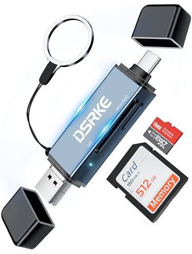 DSRKE Lettore di Schede SD, Adattatore Scheda per SD, Micro SD, SDHC, SDXC | Compatibile con iPhone 16/15, Smartphone, MacBook Pro/Air, iPad Pro (Porte USB di tipo A & di tipo C, Micro-USB)
