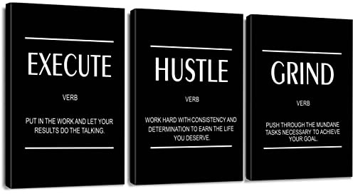 Artscope Väggkonst med inspirerande och motiverande ord i 3 delar, canvastavlor, Execute Hustle Grind-bildmålning, modern väggmålningskonst, inramad väggkonst för presenter, badrum, vardagsrum, hem,