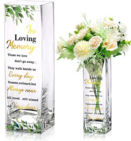 Hoolerry Botanical Theme Memorial Glass Vase with Sympathy Verse, Clear, Rectangular, 3.15 x 3.15 x 9.84 Inches, Decorative Flower Vase for Funeral, Memorial Parties, Table Top Centerpiece