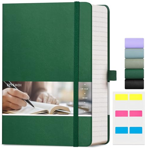 EMSHOI Notizbuch A5-400 Seiten, 100 g/m² dicker Notizblock, liniertes Tagebuch, Hardcover, veganes Leder, liniert, Notizbuch, täglich für Damen, Herren, Arbeit, Schule, Büro, Schreiben, Haftnotizen