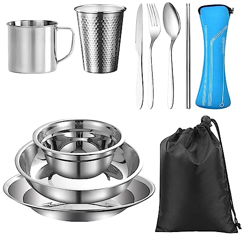 REFORUNG Edelstahl Geschirr Set 7-teiliges Camping Picknick Besteck Campingbesteck Set 2 Personen Outdoor Reisebesteck mit Messer Gabel Löffel für Outdoor Geschirrset Reisen Wandern Camping Picknick
