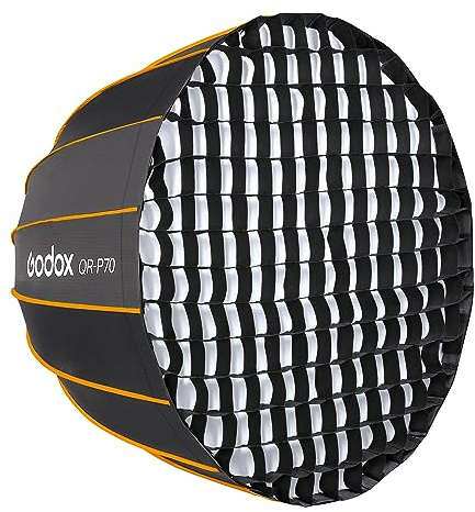 Godox QR-P70 Quick Release Deep Parabolic Softbox with P70G 4cm Honeycomb Grid Bowens S-Type Soft Focus Light Reflective Silver Interior Inner Outer Diffuser Lighting Control Portrait Fashion Beauty