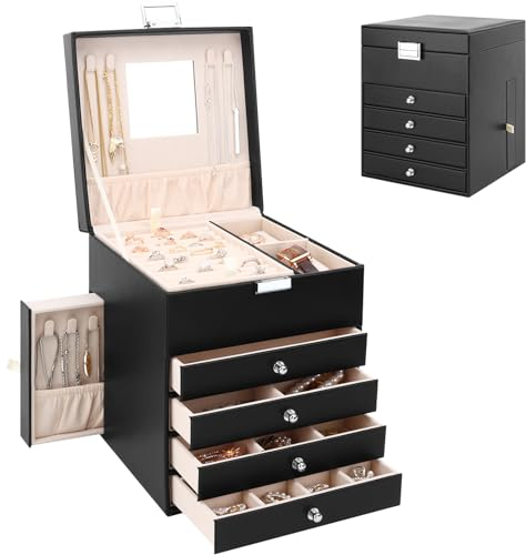 Casiwaft Boîte à bijoux à 5 Niveaux, Coffret à Bijoux avec 6 Tiroirs, Boîte à Bijoux en PU avec tiroirs latéraux, Grand Organisateur de Bijoux pour Bagues, Bracelets, Colliers, Noir
