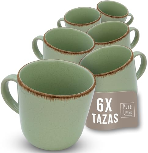 Set de 6 tasses à café Rustic - grès premium, résistantes au lave-vaisselle - Set de tasses à thé et à café modernes - Vaisselle Pure Living en Vert Menthe.