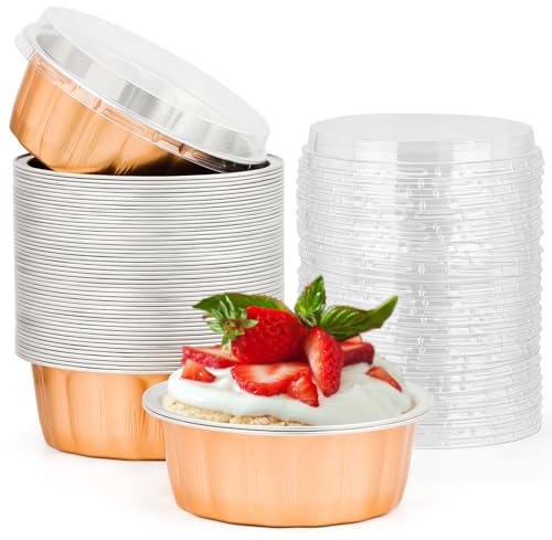 Beasea Confezione da 50 pirottini usa e getta in alluminio color oro rosa con coperchio, usa e getta, per creme brûlée, muffin, cupcake, budini, feste, matrimoni, compleanni
