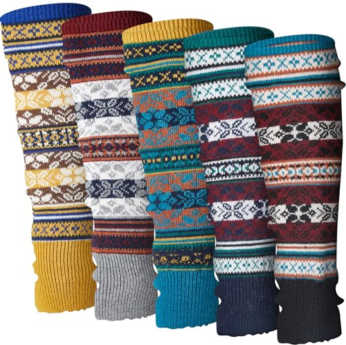 Liitrsh 5 Pairs Boho Long Leg Warmers for Women Winter Christmas Wool Bohemian Leg Warmers with Crochet Flowers(Elegant Color)