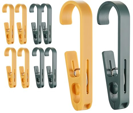 Realand 10pcs Large Clothes Pins with Hooks - Sturdy Laundry Hooks with Clips, Reversible Closet Bathroom Hanging Clips for Towel Shower Curtain Boot Hangers Sock Robe