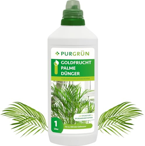 Purgrün® Goldfruchtpalme-Dünger 1 Liter – Schnell wirksame mineralische Rezeptur – Premium-Flüssigdünger mit Spurennährstoffen – NPK 10+8+6 – Stärkt die Widerstandskraft – Für kräftige Palmwedel