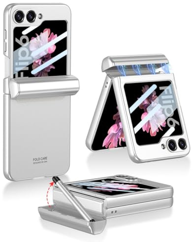 COQUE Galaxy Z Flip 6 fodral med penna och fack, skal skyddsfilm integrerad gångjärn vikbart allomfattande skal, vikbart telefonskydd för Samsung Galaxy Z Flip 6 5G-silver