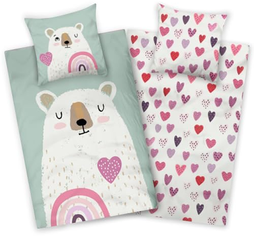 Aminata kids Ropa de cama infantil de franela de algodón, 135 x 200 cm, diseño de animales, cremallera cálida y acogedora, juego de cama de invierno de franela reversible con osito y corazones